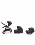 Black baby stroller, car seat, and infant car seat on a white background