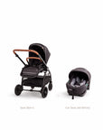 Mimi LUNO 3-in-1 setup showing stroller seat and AVARO infant car seat options