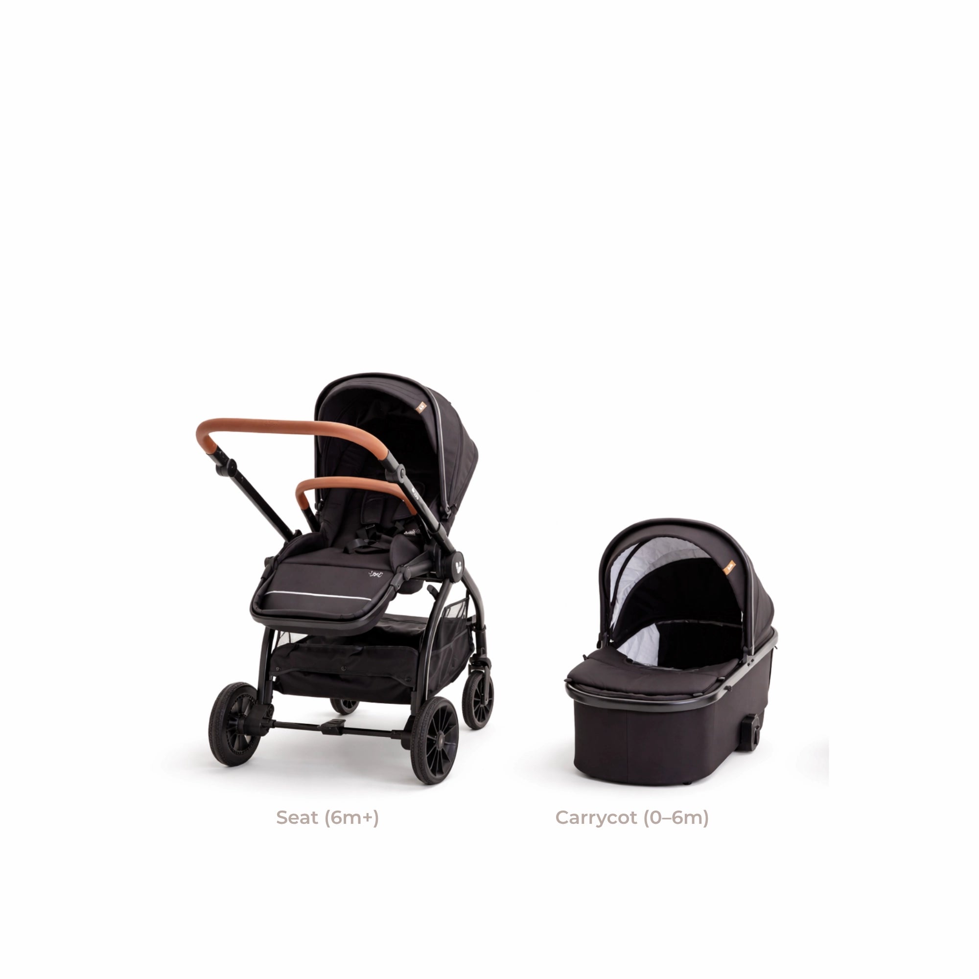Mimi LUNO 2-in-1 setup showing stroller seat and carrycot options