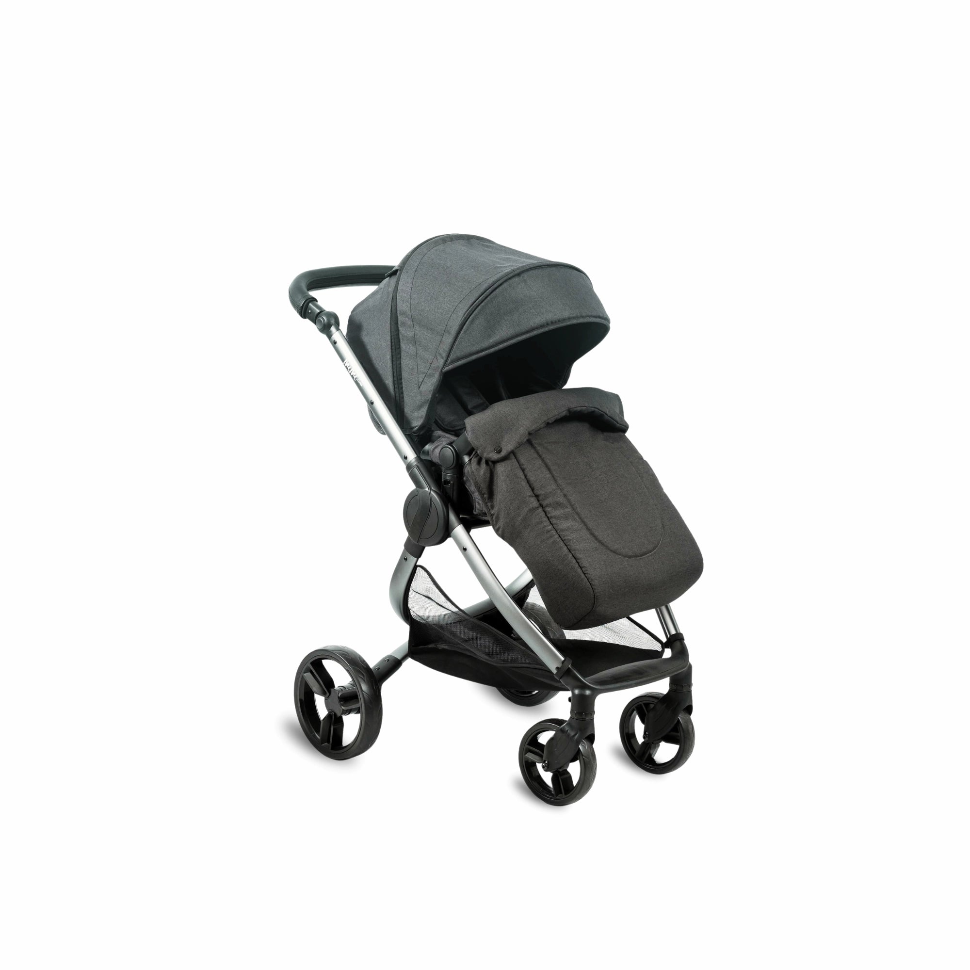 Mimi Universal Foot Cover in black shown on a stroller seat at an angle