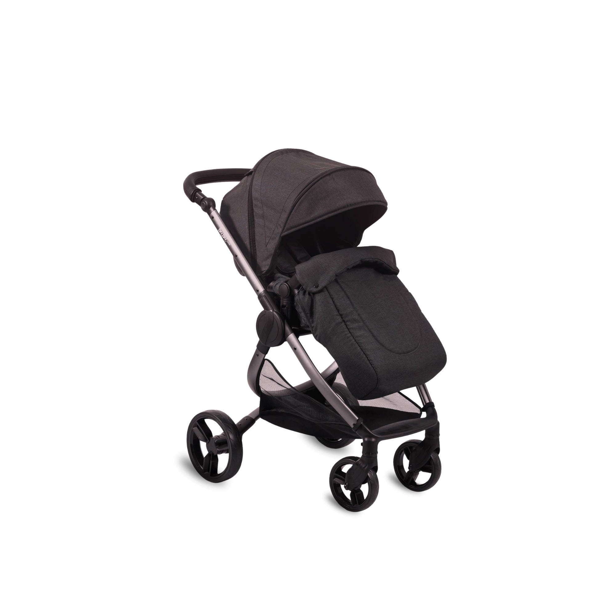 Black Mimi Universal Foot Cover shown on a stroller seat from the front